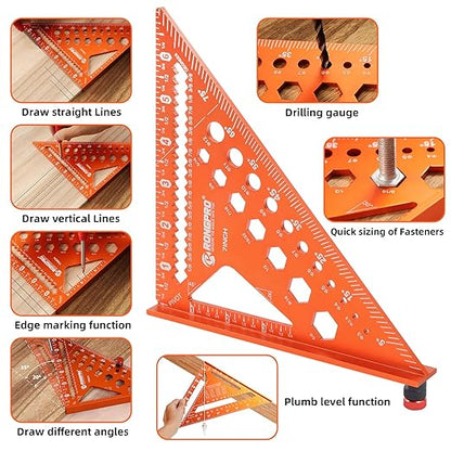 2pcs Rafter Square, 12-inch & 7-inch Carpenter Sqaure Set with Woodworking Pencil, Carpenter Measuring Layout Tool, Aluminum Alloy Triangle Ruler for Woodworking- Imperial