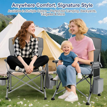 XL Heavy Duty Camping Chair 396lb Capacity (525lb MAX) - Waterproof 1680D Oxford - Oversized 2" Thick Padded Seat with Cup Holder & Cooler - Portable for Camping, Beach, Tailgating Solid Slate