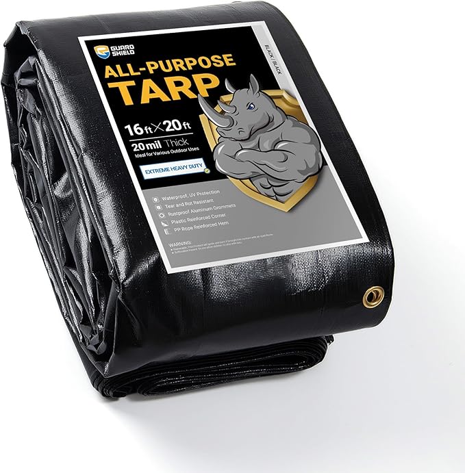 GUARD SHIELD Extreme Heavy Duty Black Poly Tarp 16x20 Feet Cover Waterproof Tarps 20mil Thick UV and Tear Resistant Tarpaulin