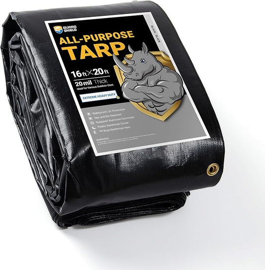 GUARD SHIELD Extreme Heavy Duty Black Poly Tarp 16x20 Feet Cover Waterproof Tarps 20mil Thick UV and Tear Resistant Tarpaulin