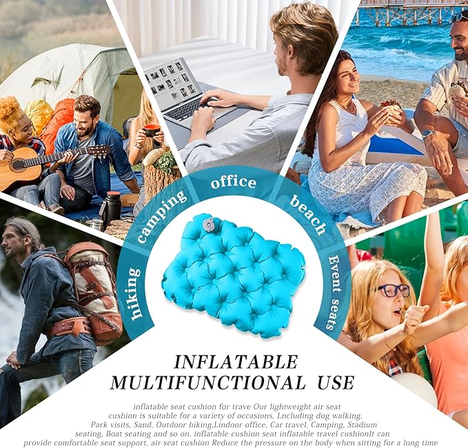Inflatable seat Cushion-Travel Cushion Lnflatable Portable Air Sitting Pad for Stadium Camping OfficeCan also be used for lumbar and back support Lightweight Waterproof Camp Chair Accessories blue