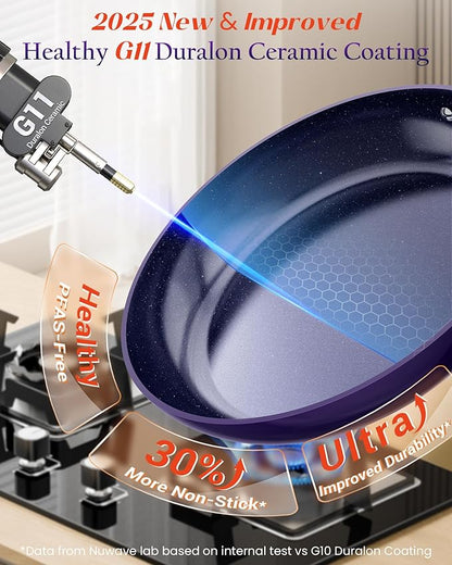 Nuwave Essential Series 5PC Ceramic Cookware Set PFAS-Free, G11 Duralon Blue Coating, Pots and Pans Set Non Stick, Diamond Scratch-Resistant,Stay-Cool Handle, Metal Lid,Induction Ready,Dishwasher Safe