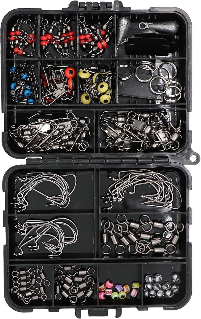 Fishing Accessories Kit with Hooks, Bass Casting, Sinkers, Swivels, Snaps, Sinker Slides, Line Beads, Fishing Set with Tackle Box Lanyard