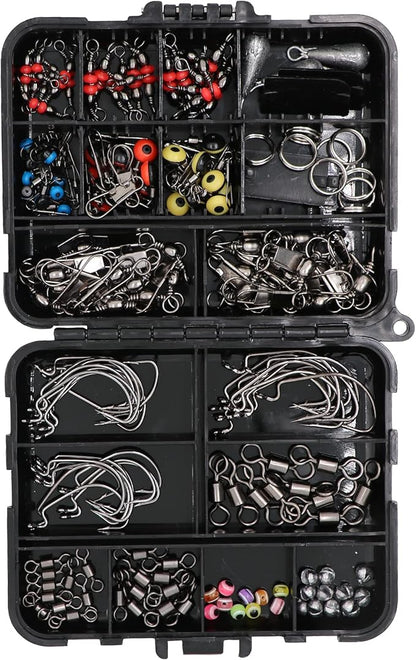 Fishing Accessories Kit with Hooks, Bass Casting, Sinkers, Swivels, Snaps, Sinker Slides, Line Beads, Fishing Set with Tackle Box Lanyard