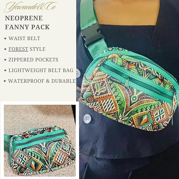 Yewande&co Neoprene Fanny Pack Belt Bag – Lightweight Waterproof Waist Bag with Adjustable Strap, 3 Zippered Pockets, Crossbody Belt Bag for Travel, African Design Crossbody Bags (Forest)