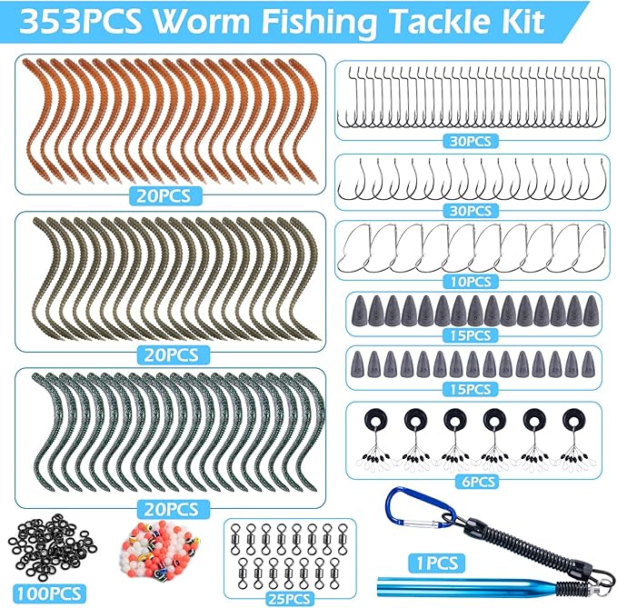 Goture 353PCS Wacky Worm Fishing Lure Kit, Bass Fishing Wacky Rig Tool Kit with Soft Plastics Lures, O-Rings, Offset Worm Hooks, Drop Shot Hooks, Beads, Sinker Weights, 3600 Tackle Box, Gifts of Men