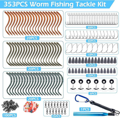 Goture 353PCS Wacky Worm Fishing Lure Kit, Bass Fishing Wacky Rig Tool Kit with Soft Plastics Lures, O-Rings, Offset Worm Hooks, Drop Shot Hooks, Beads, Sinker Weights, 3600 Tackle Box, Gifts of Men