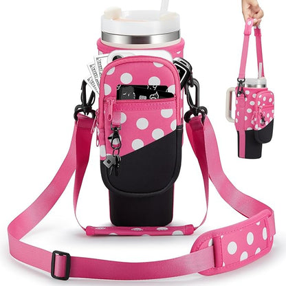 Water Bottle Carrier Bag with Phone Pocket for Stanley 40 & 30 oz Tumbler with Handle,Pink Insulated Neoprene Cup Holder Pouch w/Adjustable Strap for Quencher H2.0 Stanley Cup Accessories