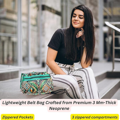 Yewande&co Neoprene Fanny Pack Belt Bag – Lightweight Waterproof Waist Bag with Adjustable Strap, 3 Zippered Pockets, Crossbody Belt Bag for Travel, African Design Crossbody Bags (Forest)