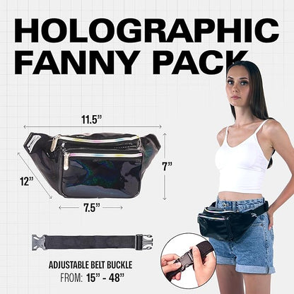 Black Holographic Fanny Pack Belt bag - Crossbody Waist Bag for Men or Women - Hands-Free, Waterproof Large Bumbag for Hiking, Running, and Travel