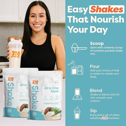 310 Nutrition All-In-One Meal Replacement Shake Powder - Plant-Based Protein Smoothie Blend w/High Fiber, Probiotics & Adaptogens - Low Carb, Vegan, Keto & Paleo Friendly - Tropical Coconut - 28 Srv