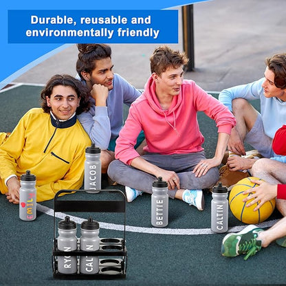 Suclain 7 Pcs Water Bottle Carrier with 20 Oz Bottles and Stickers Plastic Wide Mouth Sports Water Bottle Squeeze Team Bottles with Black Lid for Fitness Bike Gym (Grey)