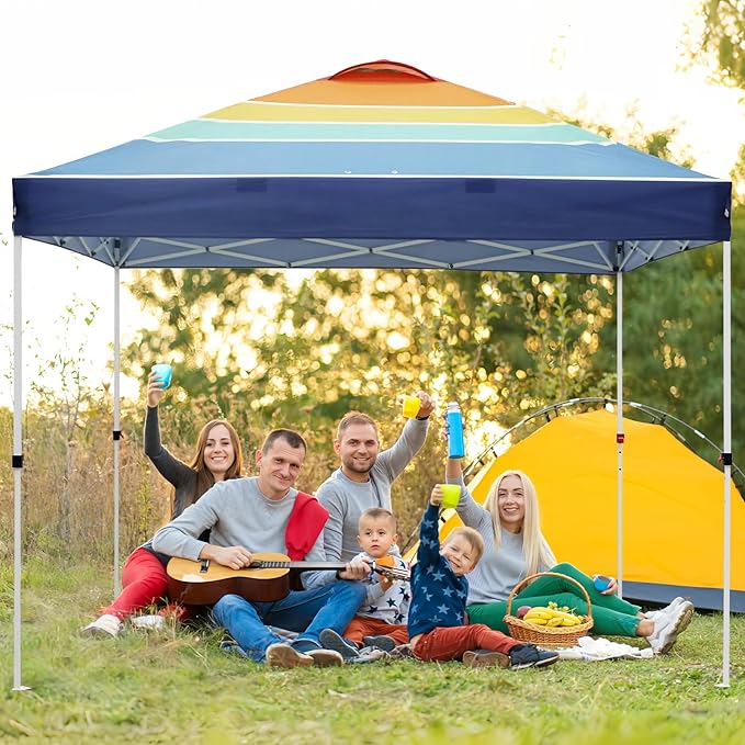 EAGLE PEAK Pop Up Canopy Tent with Wheeled Carry Bag, 8 Stakes, 4 Ropes, 4 Weight Bags, Easy Set Up Tent Canopy, 10x10 ft, 100sqft of Shade, Retro Stripe Multi