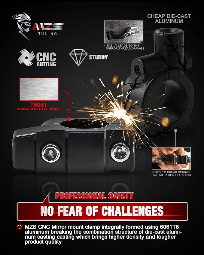 MZS ATV Mirrors, 8MM 10MM Motorcycle Side Rearview Mirrors with CNC Handlebar Mount Black fits Motorbike Street Adventure Electric Dirt Bike Ebike Snowmobile Scooter Moped Quad