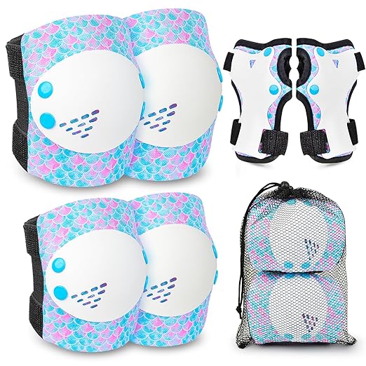 Knee Pads for Kids Girls Protective Gear Set Adjustable Knee Pads and Elbow Pads Set with Wrist Guard for Girls Kids Toddler Roller Skates Bike Cycling Skateboard Scooter (Blue&White Mermaid)