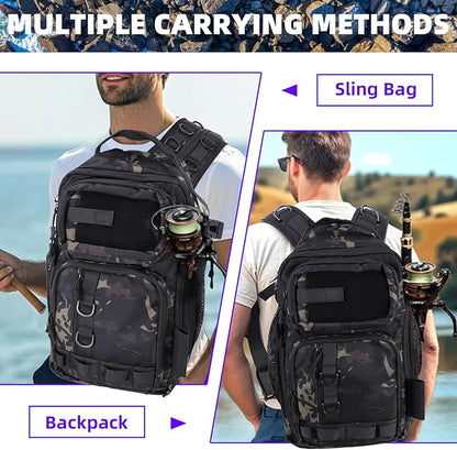 Jaylene 16.5Inch Fishing Backpack with Tackle Boxes, Fishing Backpack with Rod Holder, Waterproof Sling Tackle Bag For Gear With Lures, Pliers, Fish Lip Gripper Gifts for Men