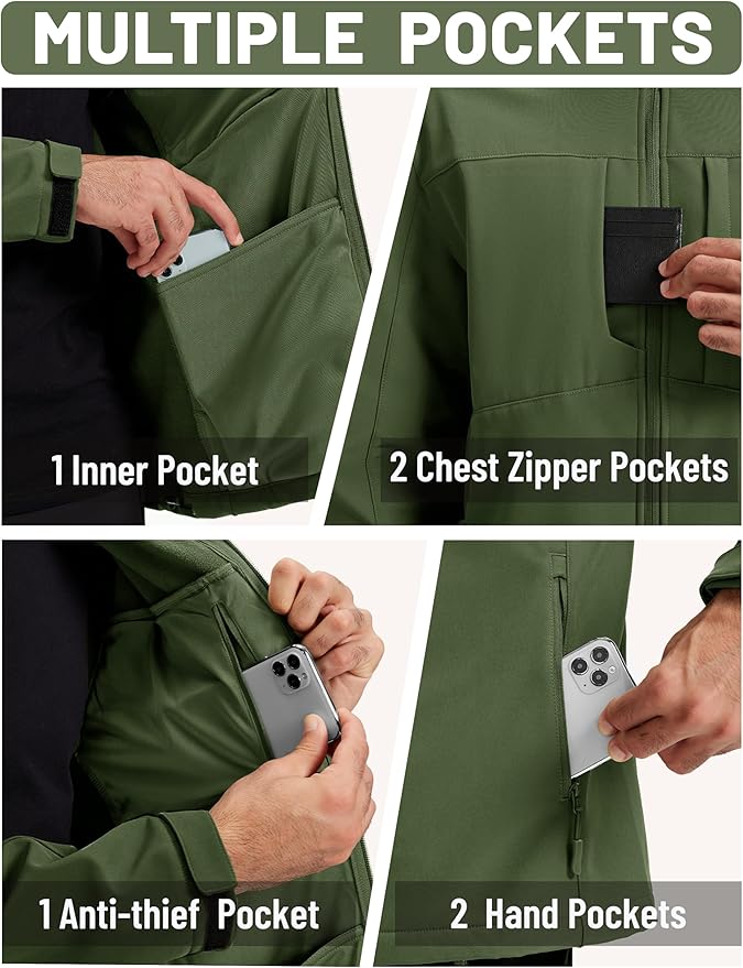 TACVASEN Men's Softshell Jacket with Hood Waterproof Tactical Fleece Coat Winter Windbreaker Lightweight Rain Jackets