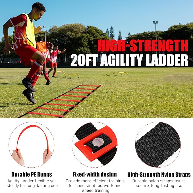 Agility Speed Training Equipment Set, Football Practise Set with 20ft Agility Ladder, 12 Cones, 4 Adjustable Hurdles, Jump Rope, Parachute, for Basketball, Soccer, Football, Kids, Youth, Adults
