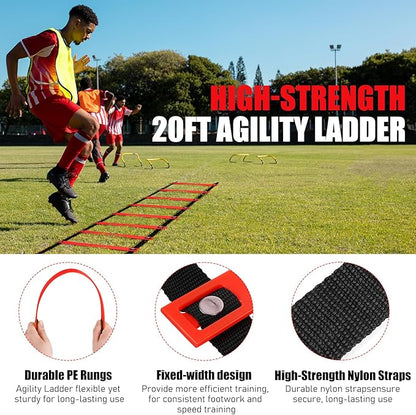 Agility Speed Training Equipment Set, Football Practise Set with 20ft Agility Ladder, 12 Cones, 4 Adjustable Hurdles, Jump Rope, Parachute, for Basketball, Soccer, Football, Kids, Youth, Adults