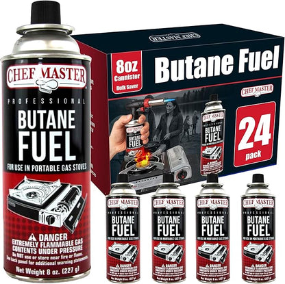 Chef Master 24x 8oz Butane Fuel Canister - Butane Fuel for Camping Stove & Kitchen Torch - Gas Canister for Picnics, Outdoor Cooking, Grilling - Camping Stove, Torch Fuel Camping Essentials - 90340