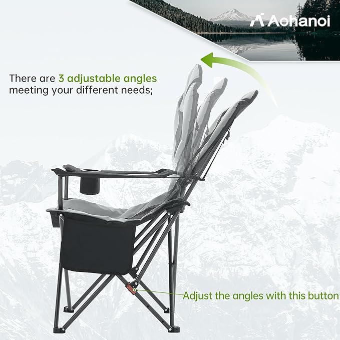 Camping Chairs, Portable Camp Chairs for Heavy People with Adjustable Angled Backrest, Outdoor Folding Camping Chairs for Outside Supports up to 350lbs, Carry Bag Included