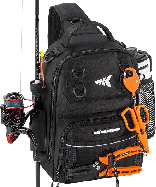 KastKing BaitSpace Fishing Sling Bag, Fishing Backpack with Rod & Beverage Holder, Tackle Bag for Fishing Gear