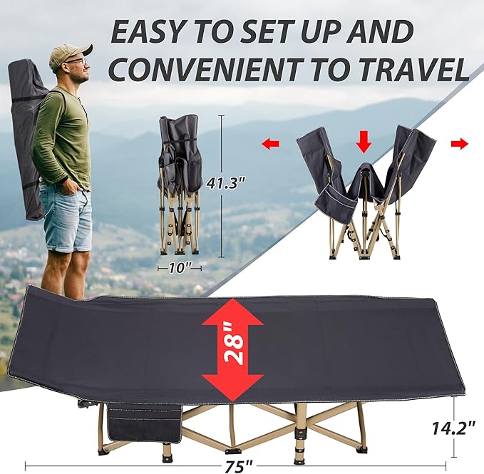Folding Camping Cot for Sleeping, Portable Cots for Adults, Heavy Duty Cot Bed 550LBS(Max Load), Extra Wider Cots with Large Pocket for Outdoor, Office, Beach