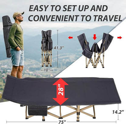 Folding Camping Cot for Sleeping, Portable Cots for Adults, Heavy Duty Cot Bed 550LBS(Max Load), Extra Wider Cots with Large Pocket for Outdoor, Office, Beach