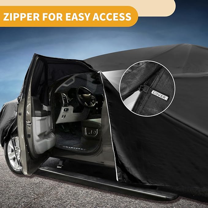Universal Car Cover Waterproof All Weather 210D-PU, UV Sun Rain Protection, Fits for Truck Length 229"-242", with Left Side Zipper, Black
