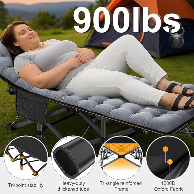 ABORON Folding Camping Cot W/Mat for Adults, Heavy Duty Outdoor Bed with Carry Bag,1200 D Layer Oxford Travel Camp Cots