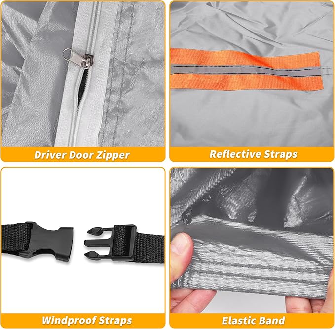 Universal Car Cover Waterproof All Weather 190T-PU, UV Sun Rain Protection, Fits for Sedan Length Up to 177", with Left Side Zipper, Silver Tone