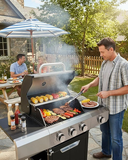 40,500 BTU 3-Burner Propane Gas Grill with Side Burner,Stainless Steel Outdoor BBQ Grill Portable with Wheels and Cast Iron Grates for Patio Garden Barbecue Cooking