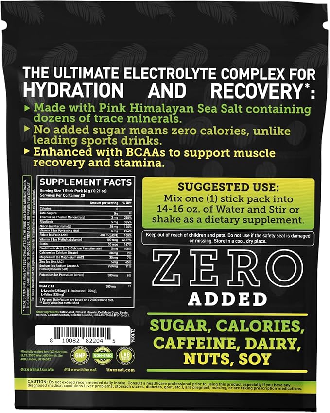 Enhanced Electrolyte Powder Stick Packs (Lemon Lime | 20 Packets) w/ 0 Sugar +BCAAs +B-Vitamins Electrolyte Supplement w Potassium Zinc & Magnesium for Hydration - Keto Electrolytes
