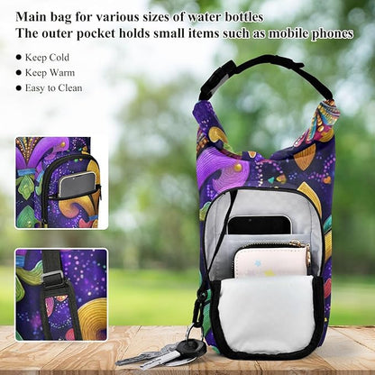 Pik Purple Mardi Gras Pattern Water Bottle Holder with Strap Insulated Water Bottle Carrier Crossbody Bags Pouch with Phone Pocket for Travel Gym Hiking Walking Running