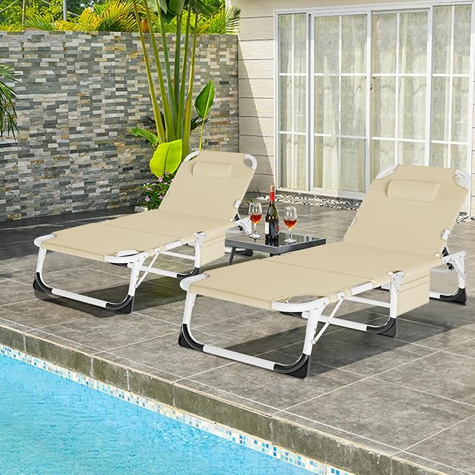 LILYPELLE Folding Chaise Lounge Chair with Mattress, 5 Position Beach Chair with Face Hole, Patio Chaise Lounge Chairs for Outside, Sunbathing, Camping, Pool, Beach, Poolside