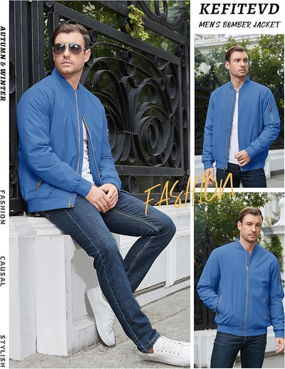 KEFITEVD Men's Jacket Casual Windproof Bomber Jackets Full Zip Windbreaker Warm Winter Padded Coats