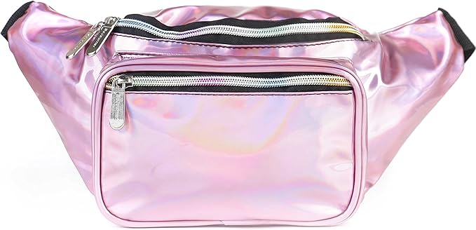 Holographic Fanny Pack Belt bag - Crossbody Waist Bag for Men or Women - Hands-Free, Waterproof Large Bumbag for Hiking, Running, and Travel (Pale Pink)