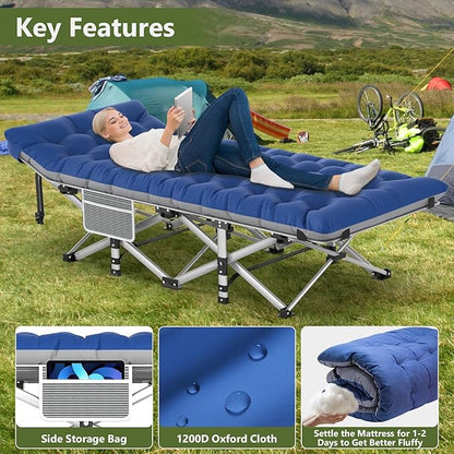 Slendor Folding Camping Cot with Mattress for Adults,74”L x 28”W x 15”H, Portable Sleeping Cot Bed for Tent, Office, Camping, Outdoor, Striated Gray Cot,Gray+Blue Pad,500lbs Load