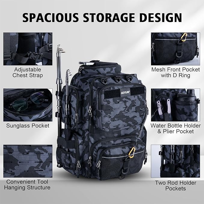 Goture Fishing Backpack, 900D Water-Resistant Tackle Backpack with Rod Holders, 45L Large Fishing Bag Storage Gear Tackle Bag with 8 Lure Pockets, Rain Cover for Camping Hiking(Without Tackle Box)