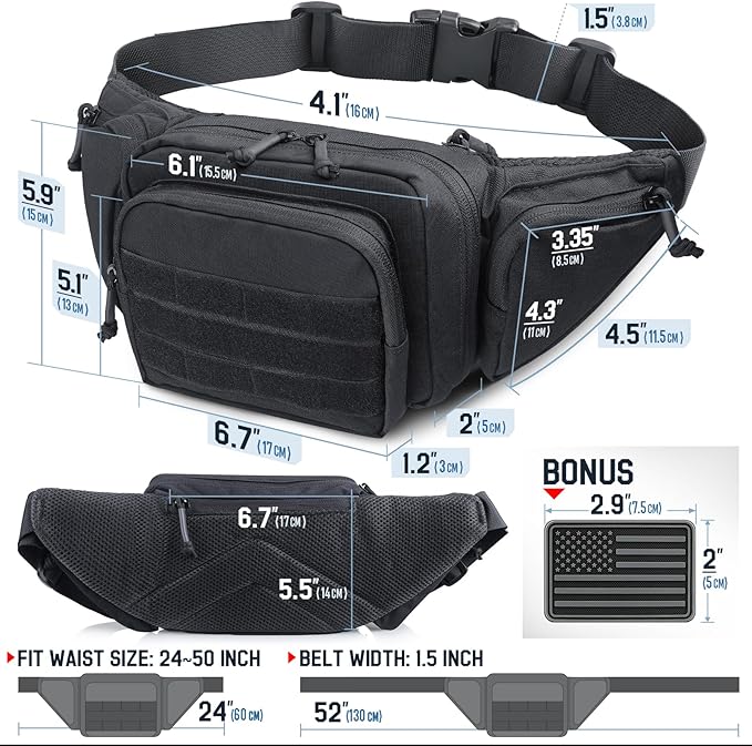 Tactical Fanny Pack for Men & Women, Concealed Carry Fanny Pack for Men, Adjustable Waist Bag, Compact Travel Belt Bag, CCW Fanny Pack with U.S Flag Patch