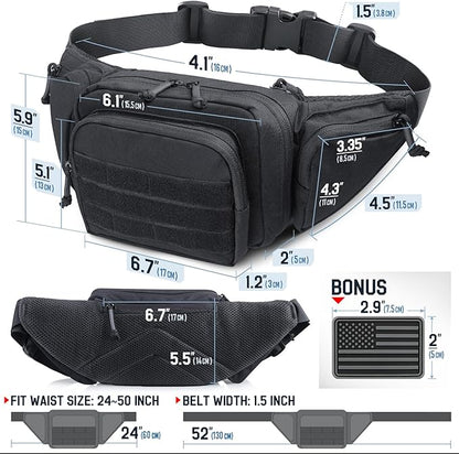Tactical Fanny Pack for Men & Women, Concealed Carry Fanny Pack for Men, Adjustable Waist Bag, Compact Travel Belt Bag, CCW Fanny Pack with U.S Flag Patch