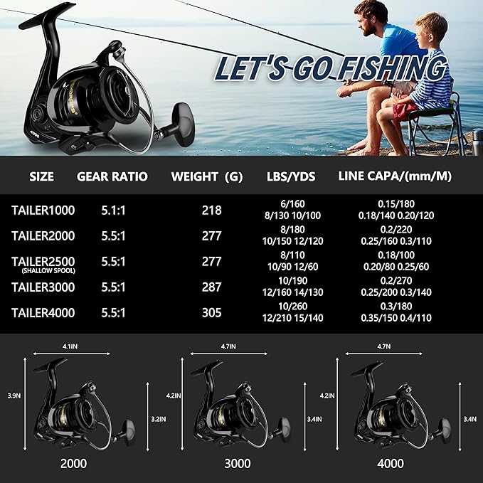 Fishing Reels Spinning Reel Left/Right Interchangeable Aluminium Handle, 7.5 oz Ultralight Spinning Reels, 5.5:1 Gear Ratio Deep/Shallow Aluminum Spool for Freshwater and Saltwater