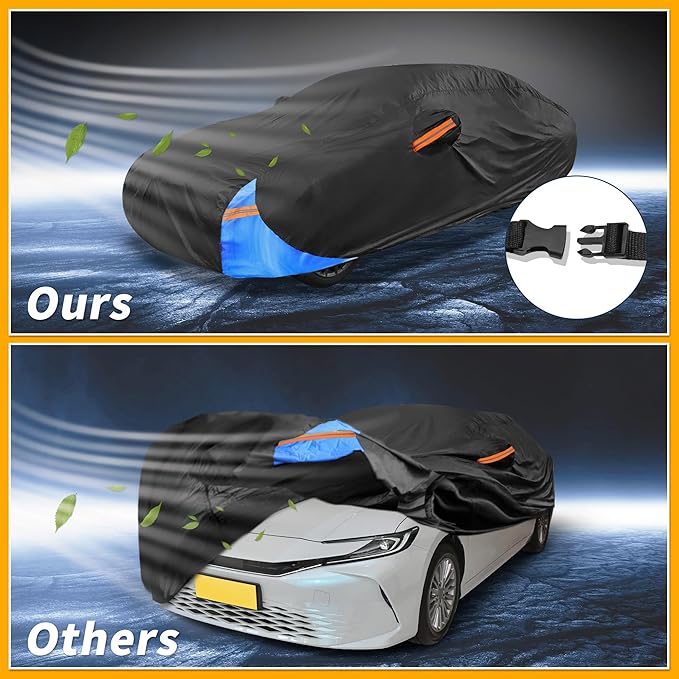 Waterproof All-Weather Universal Car Cover with Right Side Zipper, 210D-PU Black Blue Fits for Sedan 185" to 192" Length