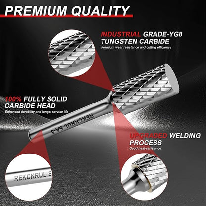 Professional Tungsten Carbide Rotary Burr Bit, SA-5 Double Cut Carbide Burr with 1/4" Shank for Metal, Wood, and Steel – Durable Die Grinder Accessory for Deburring, Engraving & Polishing