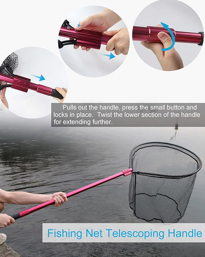 Heavy Duty Extra Large Aluminum Telescoping Landing Net - Saltwater Fishing Net with 6pcs Soft Jig Swimbait, Extends to 72-94in