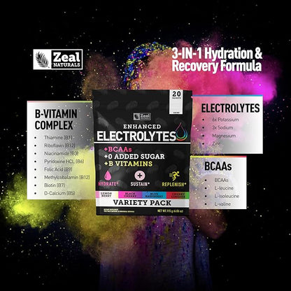 Zeal Naturals Enhanced Electrolyte Powder Stick Packs (Variety Pack - 20 Packets) Sugar Free + BCAA B-Vitamins & Pink Himalayan Salt - Keto Electrolytes, Hydration Powder
