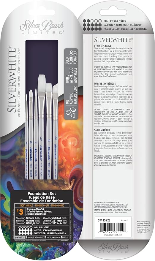 Silver Brush Limited SW-1522S Silverwhite Beginning Class Set, Paintbrushes for Watercolor, Gouache, Inks, Dyes, Fluid, & Flow Acrylic, Set of 6, Short Handle