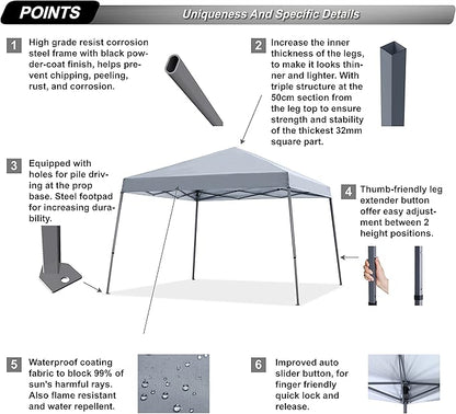 ABCCANOPY Stable Pop up Outdoor Canopy Tent 10 x 10 ft Base / 8 x 8 ft Top, Gray