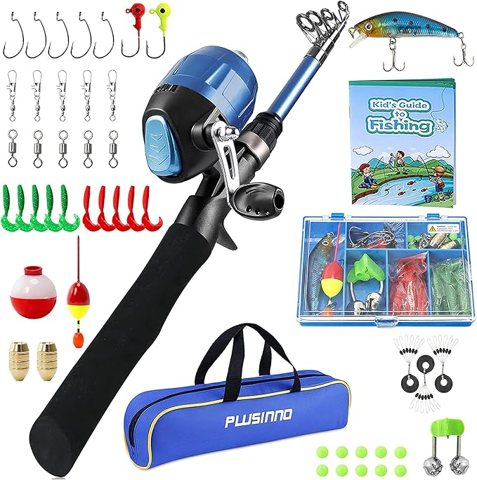 PLUSINNO Kids Fishing Pole with Spincast Reel Telescopic Fishing Rod Combo Full Kits for Boys, Girls, and Adults