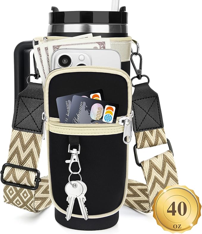 Water Bottle Carrier Bag with Strap for Stanley 40/30 oz Tumbler with Handle, Water Bottle Holder Pouch with Phone Pocket for Stanley Cup Accessories, fit Walking Hiking Travel